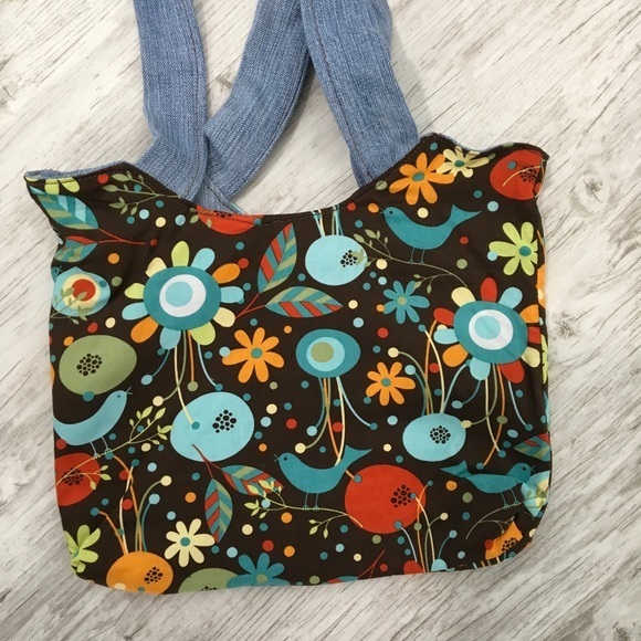 Whimsical Bird Brown Hand Bag Denim Jean Leaf Retro Print Handmade Sewn - Picture 3 of 8